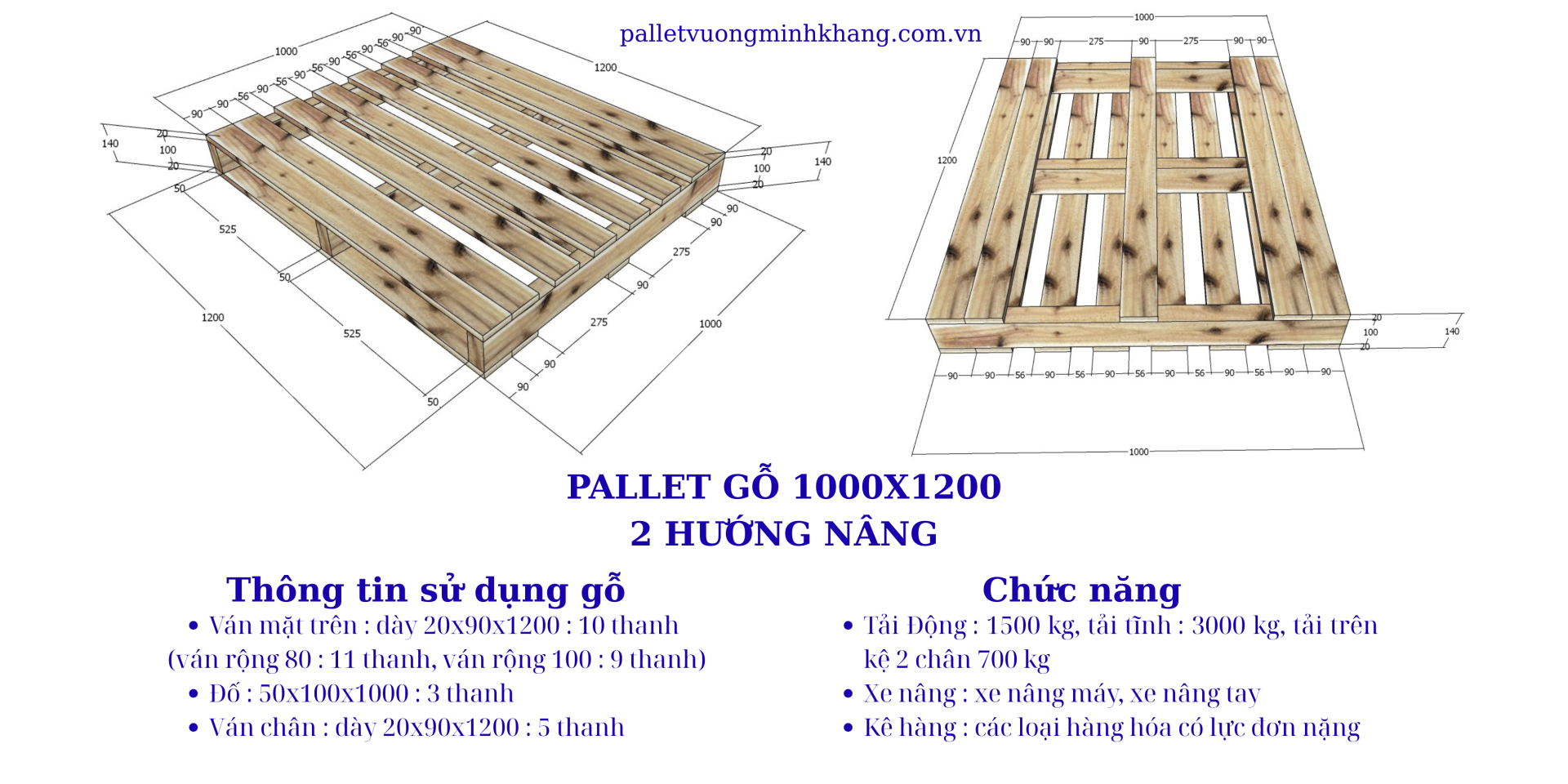 Bảng Báo Giá Các Loại Pallet Gỗ 1000x1200 - 2 hướng nâng
